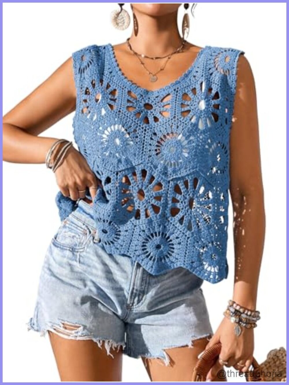 Women Boho Knit Crochet Scoop Neck Tank Top Sleeveless Summer Beach